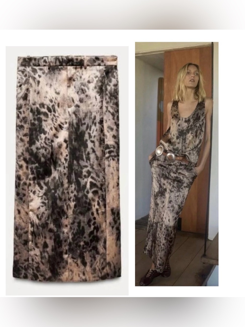 Zara ZW Collection crinkled textured animal pattern midi pencil skirt black tan